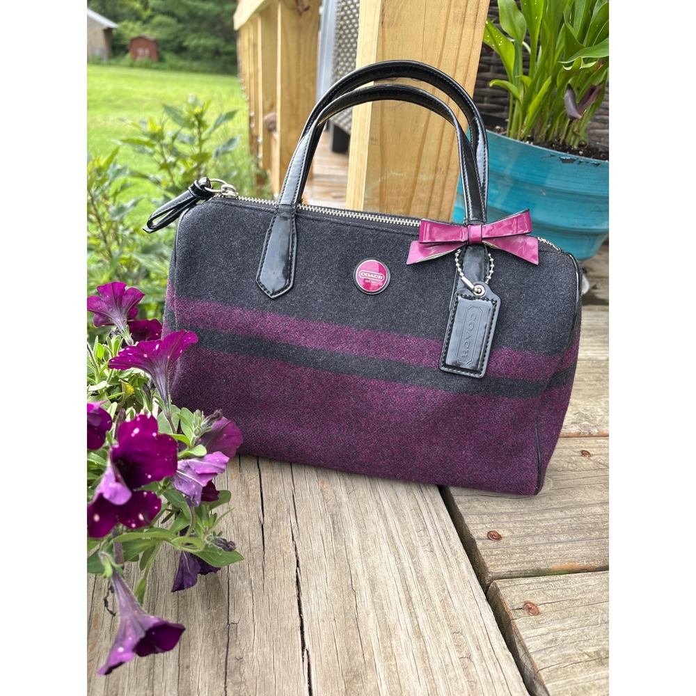 Coach Striped Wool Satchel Tote Passion Berry Pink Purple Striped Leather Bow